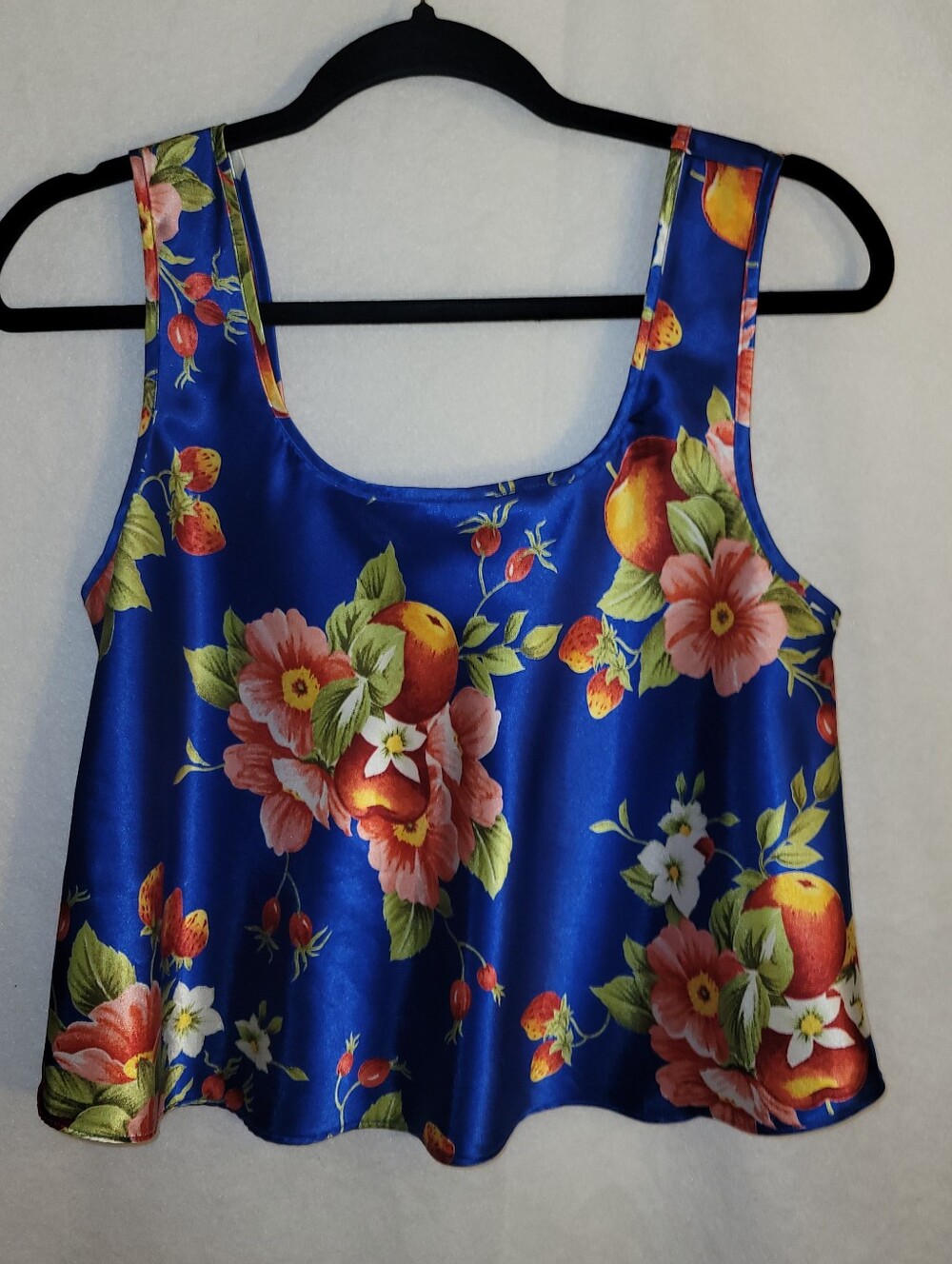 Vintage Victoria's Secret Silky Satin Blue Floral Fruit Print Crop Tank Top S